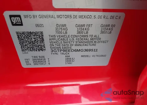 2021 GMC Sierra 1500 4Wd Short Box At4 from USA, damaged, VIN 3GTP9EED6MG369511